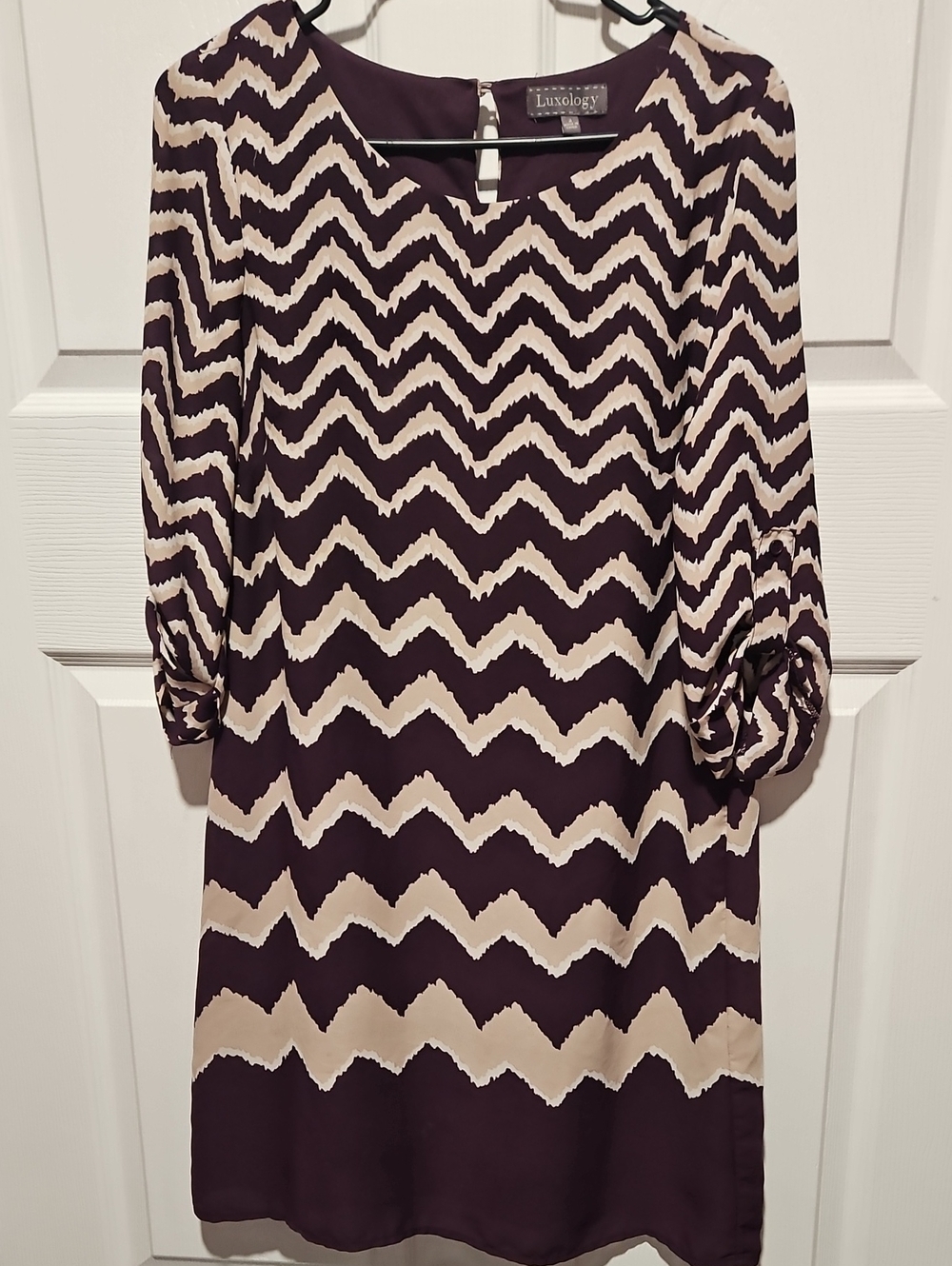 Luxology Zigzag Midi Shift Dress in Purple and Cream